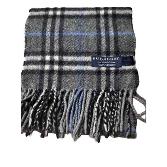 BURBERRY GREY-BLUE PLAID CASHMERE SCARF, Unisex Smaller Size 52 In X 8 In - Picture 2 of 3
